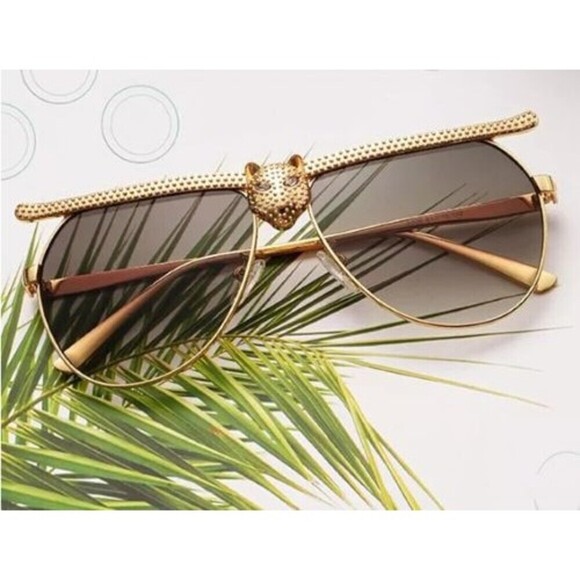 Rhinestone Cat Head Aviator Sunglasses Fashion Womens Gold  Brown Resort Glam - Picture 1 of 6